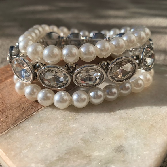 Pearl, Silver and Diamond Rhinestone Bracelet Set of 3 "Snowflake Sparkle Pearl" - Picture 1 of 4